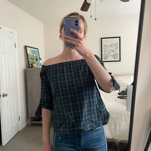 Excellent condition Bailey 44 off-the-shoulder plaid blouse.